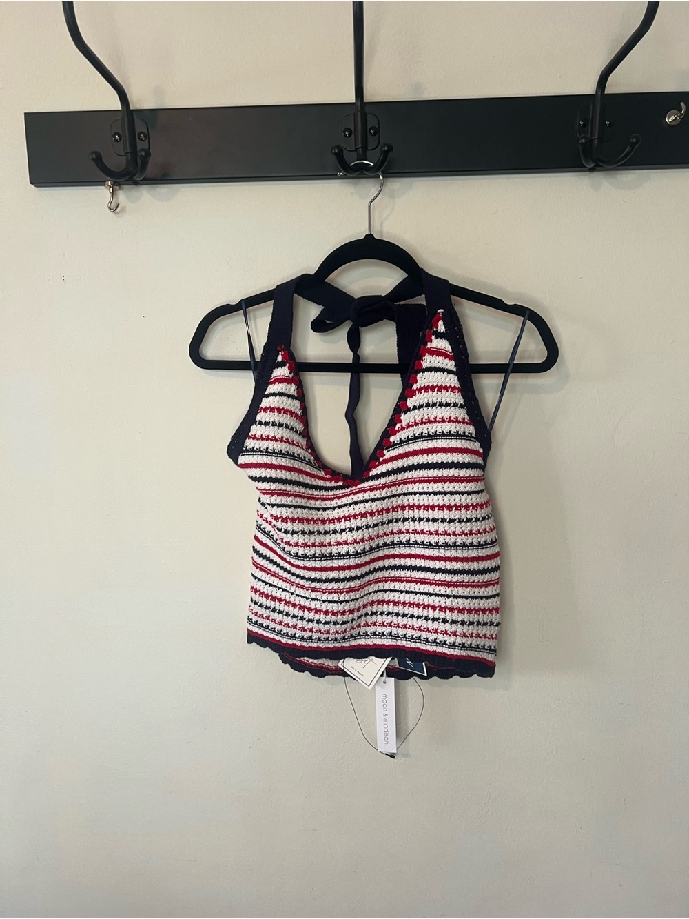 moon & madison Red, White & Navy Striped Crochet Halter Top